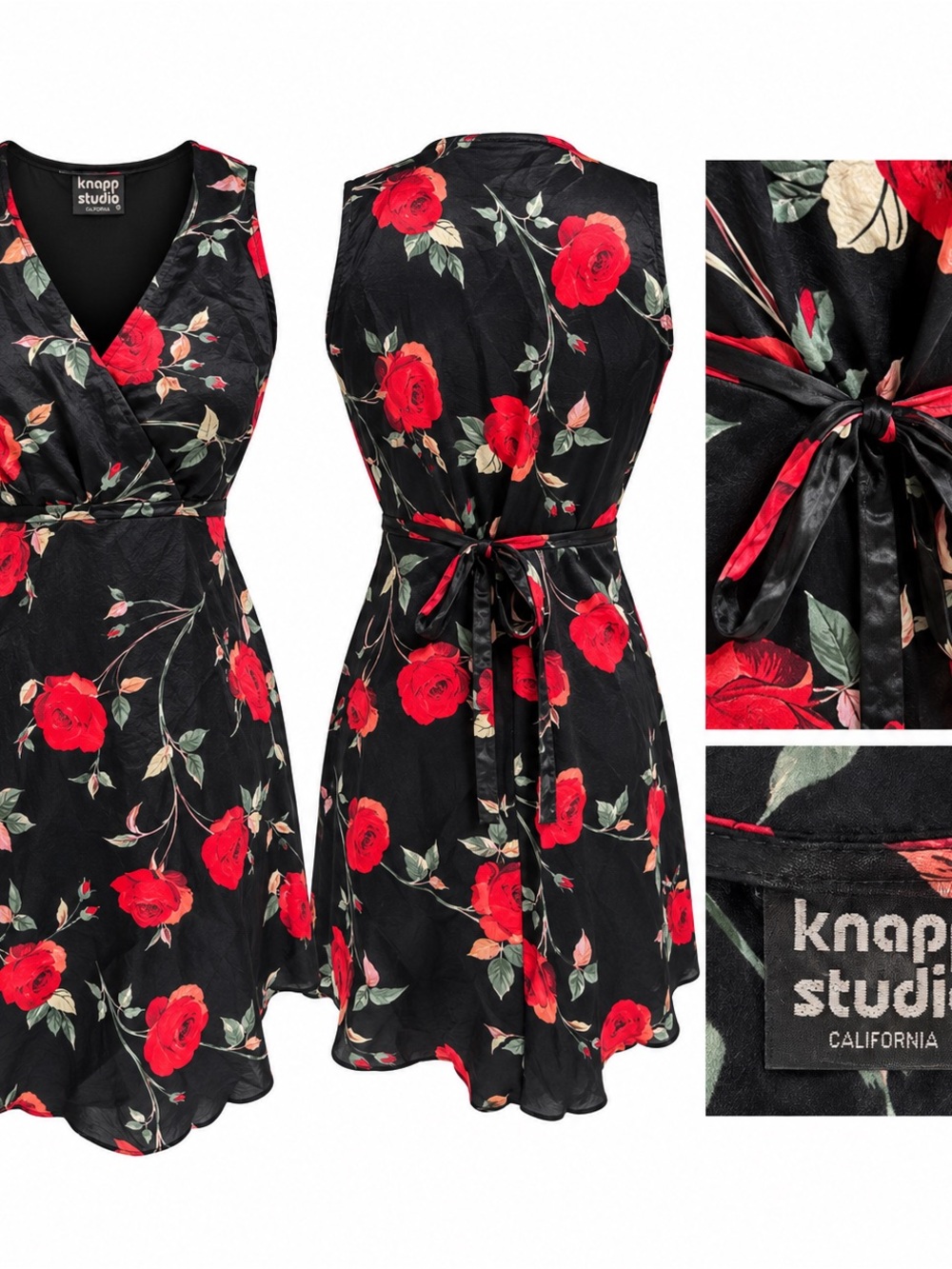 Knapp Studio Black Wrap Dress with Red Rose Print